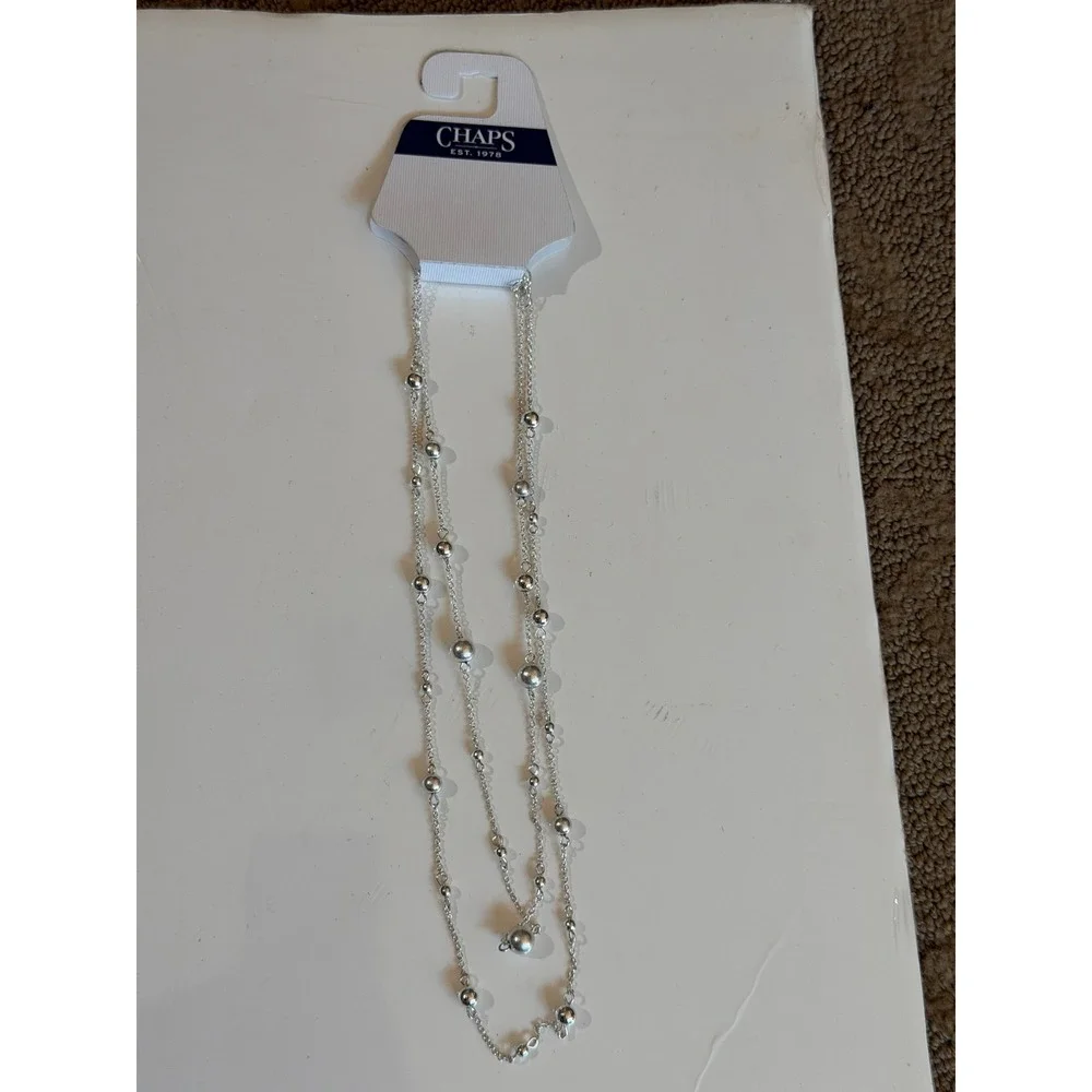 Chaps Silver Tone Double Strand Ball Bead‎ Layered Necklace Padlock Charm NWT